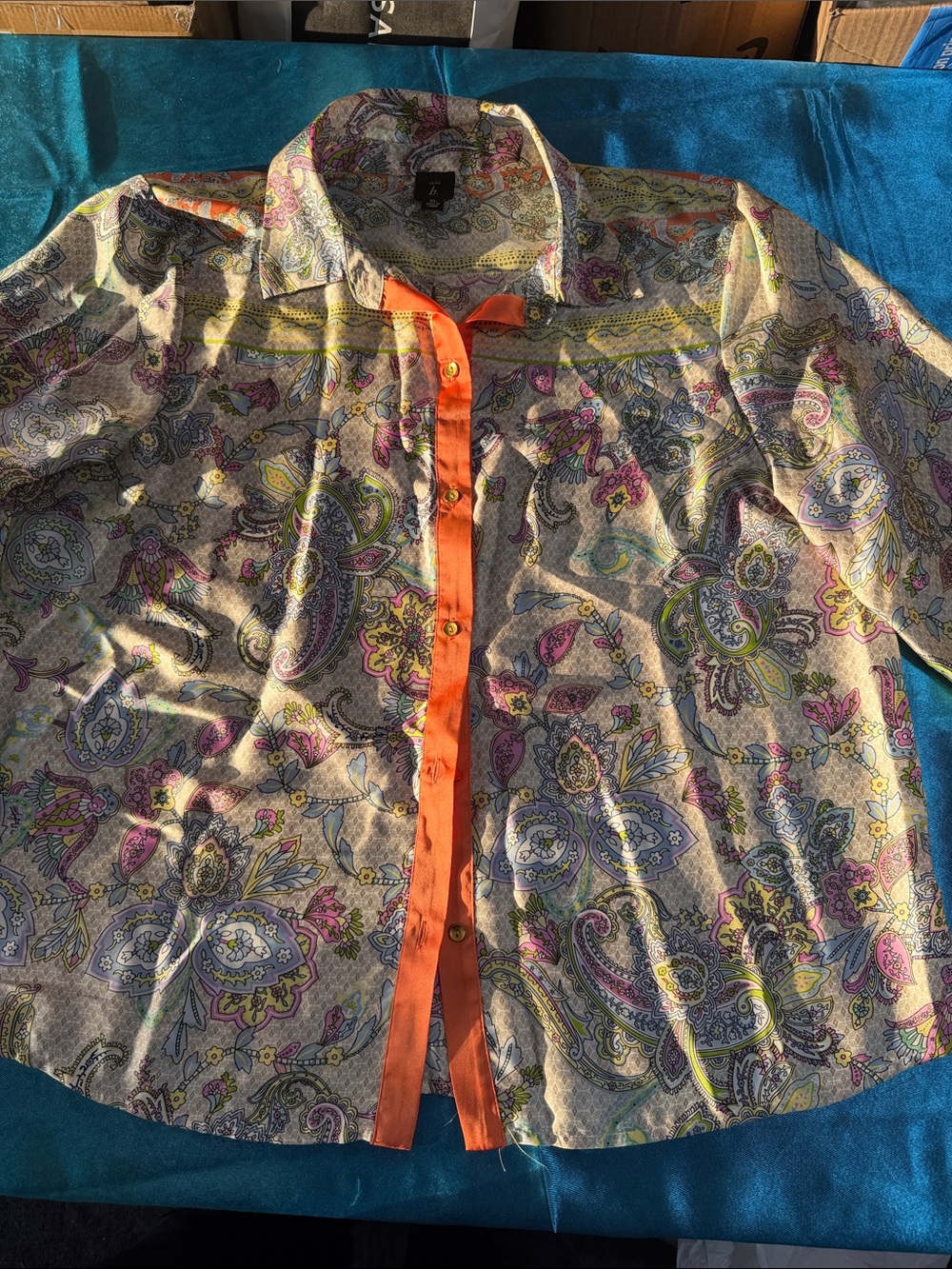 Violet Voss Paisley Print Button-Up Blouse with Orange Placket